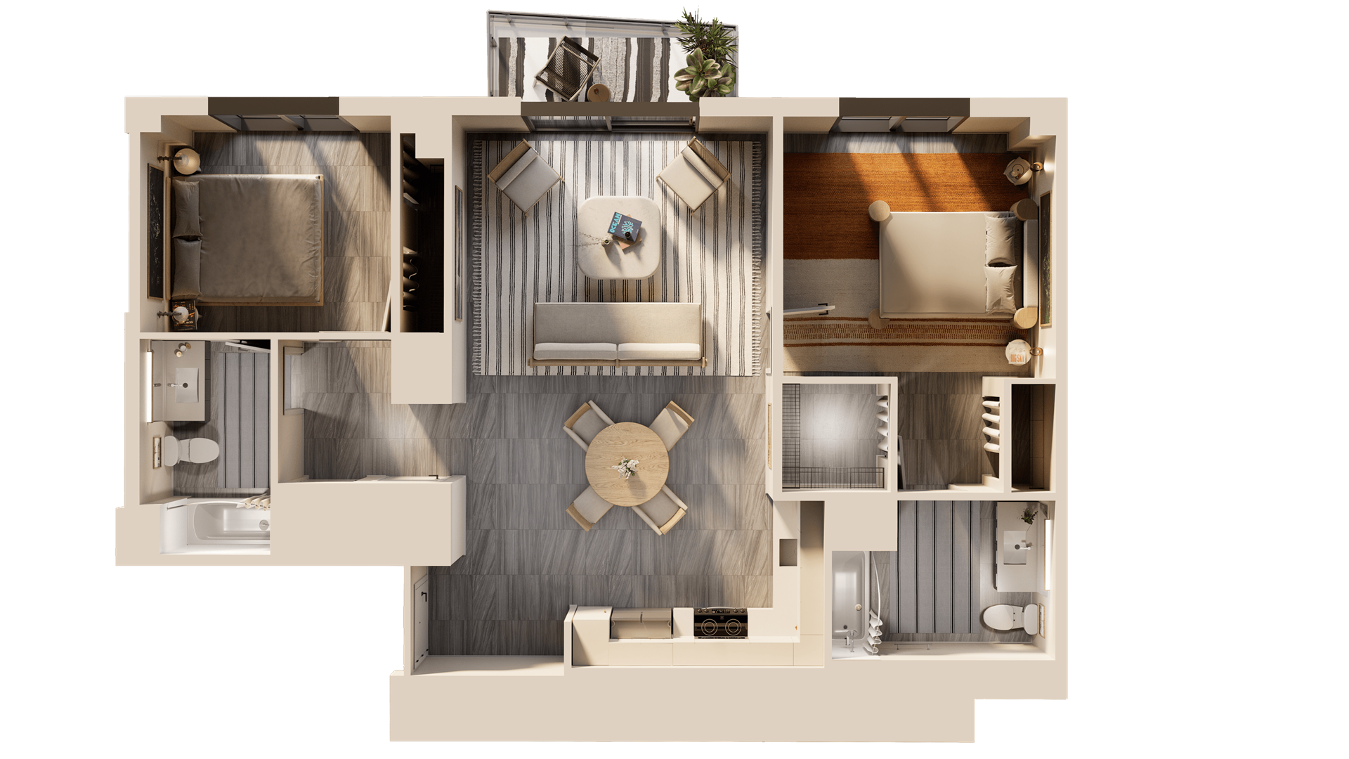 A cutaway view of a modern apartment layout.